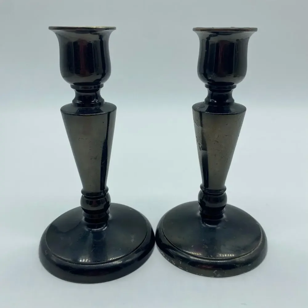 Mid Century Modern Silver Etched Japanese Candlestick Holders Vintage Asian Art